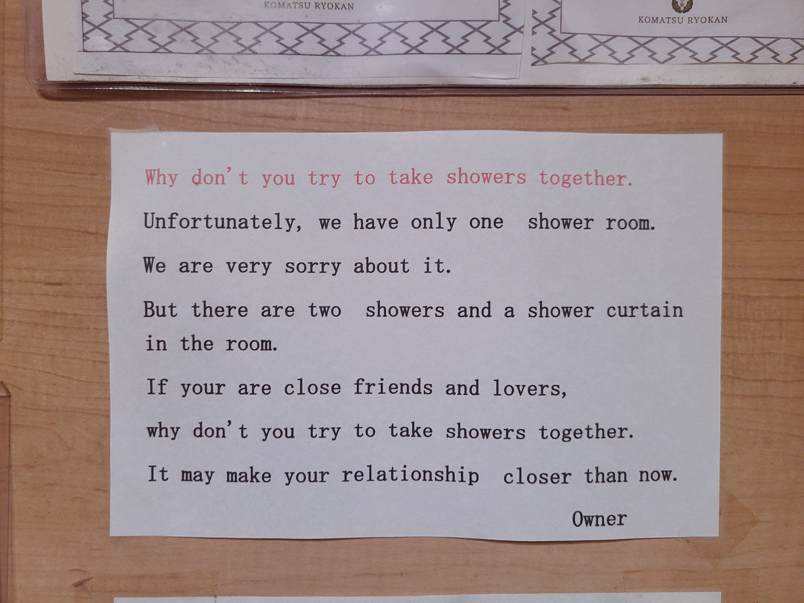 If you’re looking for a chance to bring your relationship with someone to the next step, a stay at Komatsu Ryokan just might do the trick. While there is only one shower/bath room, there are two shower heads, and the curtain between them is optional. 