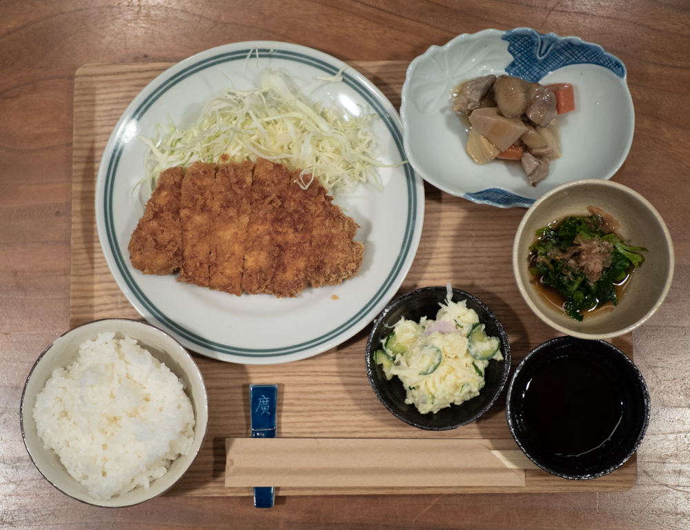 An example of a meat dinner meal (pork cutlet)