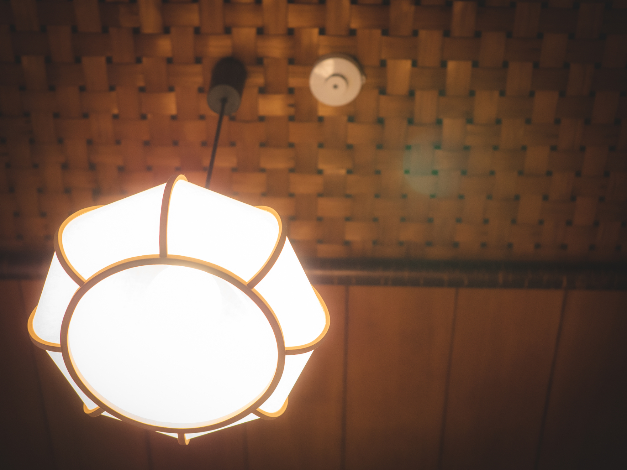 A woven bamboo ceiling