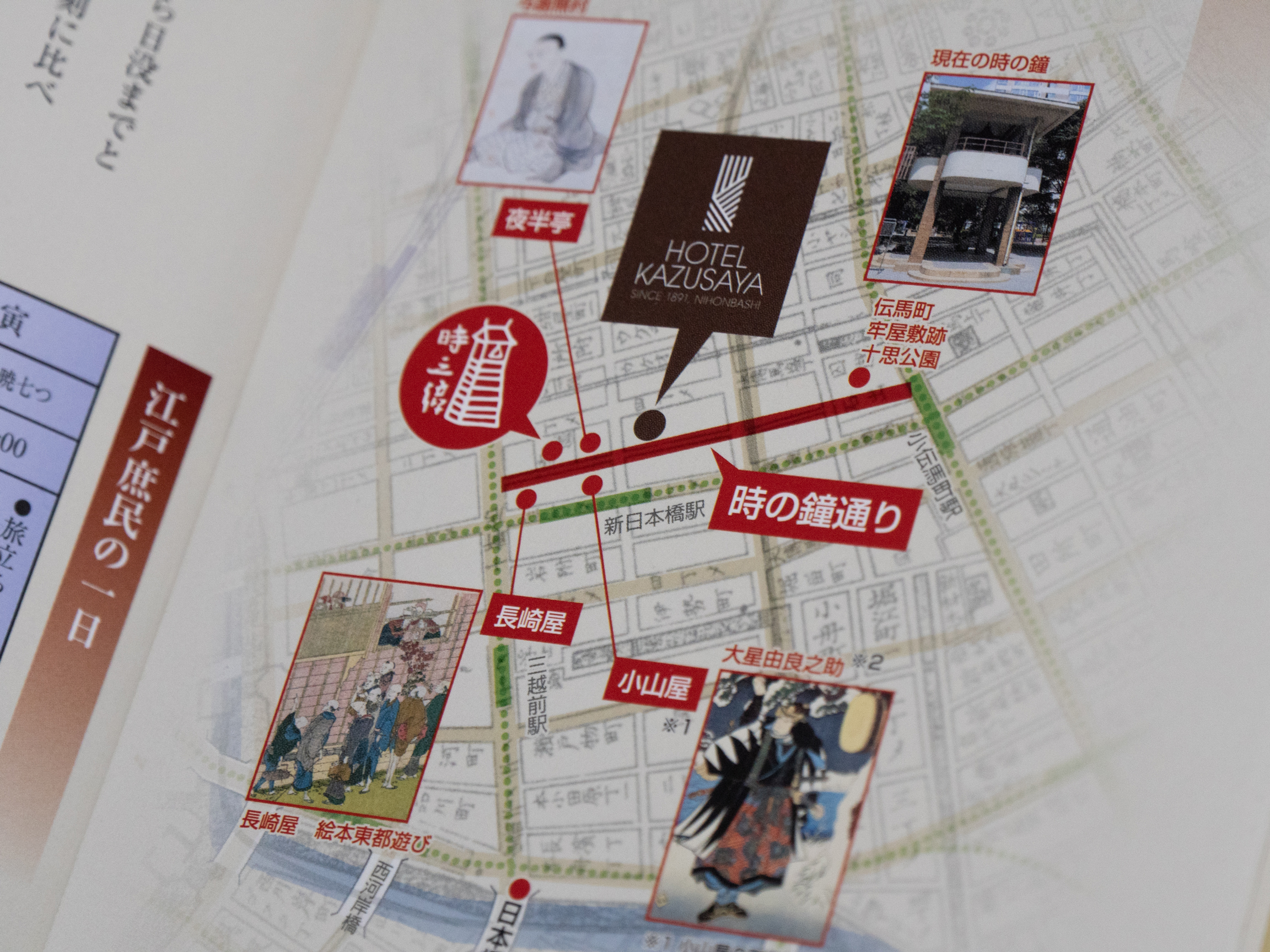 An Edo period the location of the hotel in relation to spots that famous historical figures frequented